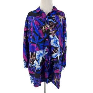 Jams World Women's Pink Blue Hawaiian Button-Front Blouse Size XL